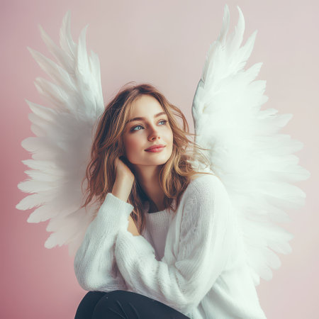 A young woman with angel wings poses thoughtfully against a pastel pink backdrop while wearing a cozy sweater creating a dreamy atmosphere.の素材