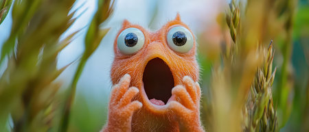 A small furry creature with big eyes is startled surrounded by tall grass under blue sky showing an expression of surprise and excitement.の素材