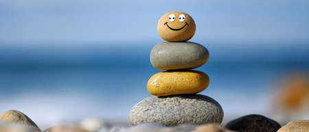 Three colorful stones stacked on top of each other feature a smiling face on the top stone by a serene ocean backdrop.の素材