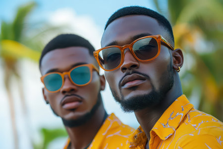 Two friends wearing sunglasses and bright yellow shirts stand confidently against a tropical backdrop enjoying a sunny day at the beach.の素材