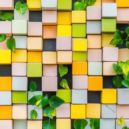 A vibrant arrangement of square blocks in various colors is combined with green leaves creating a lively and decorative display on a surface.の素材