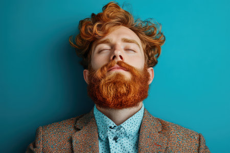 A man with curly ginger hair and a full beard enjoys a moment of relaxation with his eyes closed in front of a bright blue wall.の素材