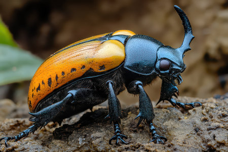 A vibrant beetle with orange and black coloration crawls over rocks in a lush environment during daylight.の素材