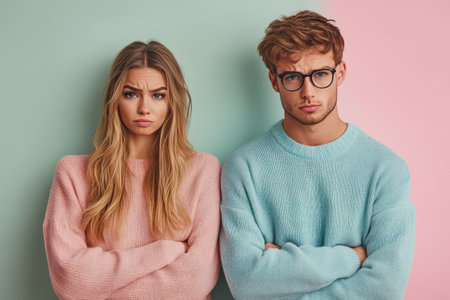 Two young adults stand side by side with serious expressions. They wear soft pastel sweaters and have arms crossed set against a vibrant background.の素材