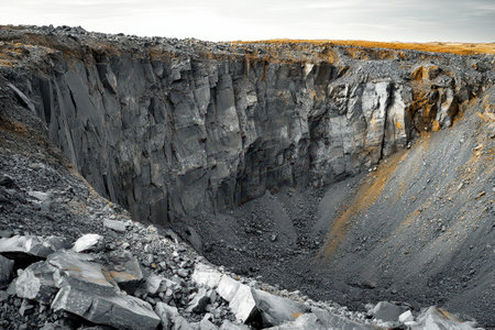 A deep granite quarry features steep rocky walls and scattered stones on the ground. The overcast sky adds a dramatic atmosphere to the site.の素材