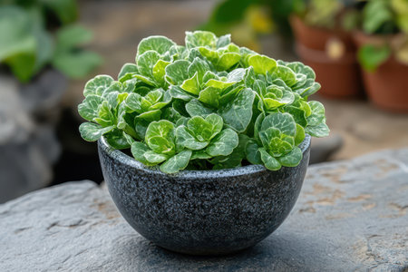 Lush green plant thrives in a decorative bowl enhancing indoor space with vibrant life and texture while reflecting natural beauty and tranquility.の素材