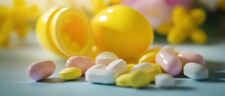 Colorful candy spilling from yellow egg container