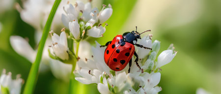 Ladybug crawling on white garden flowers