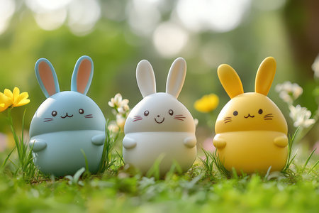 Colorful bunnies in a sunny garden