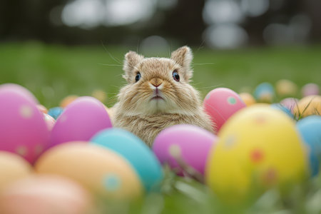 Cute rabbit surrounded by colorful Easter eggsの写真素材