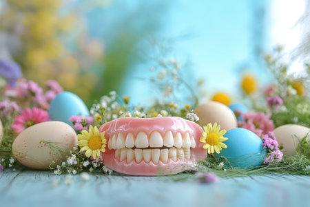 Creative spring display with teeth and eggs