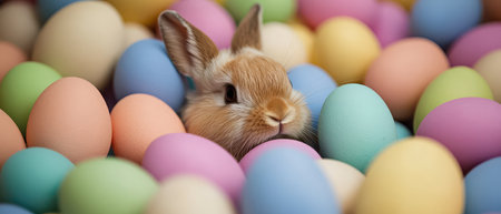 Cute rabbit surrounded by colorful Easter eggs