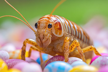 Unique insect among colorful decorative eggs