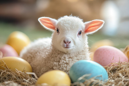 Cute lamb surrounded by colorful eggs in springの写真素材
