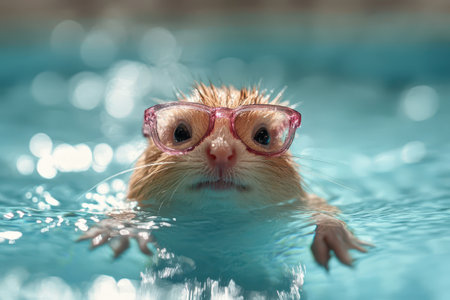 A small squirrel swims in a clear blue pool while wearing amusing pink glasses. The scene captures the playful essence of summer fun.の写真素材