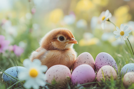 Chick lounging by spring flowers and eggsの写真素材