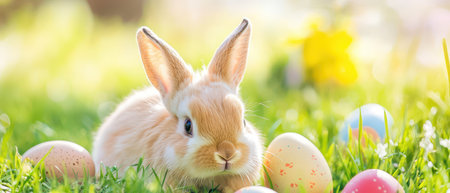 Cute bunny relaxing among colorful Easter eggs
