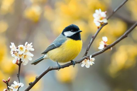 A small bird with a vibrant yellow belly sits on a branch surrounded by delicate white flowers against a backdrop of yellow blossoms.