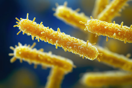 Bright yellow bacterial structures are arranged in various orientations under a microscope showcasing their unique shapes and textures.の写真素材