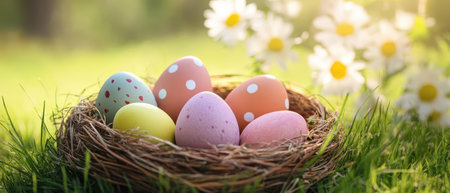 Colorful decorative eggs nestled in a grass nest