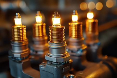 Brightly lit spark plugs showcase intricate engineering within an automotive workshop highlighting the precision of car engine components.の写真素材