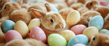 Bunnies with colorful eggs in spring
