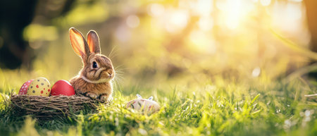 Cute rabbit sits beside colorful Easter eggs