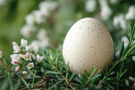 Natural egg resting among flowers and greeneryの写真素材