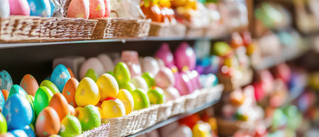 Colorful easter eggs displayed in a festive marketの写真素材