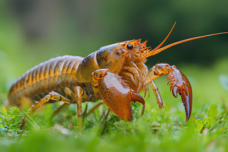 A crayfish explores a lush green field showcasing its vibrant colors and detailed texture under natural daylight.の写真素材