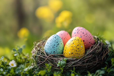 Colorful Easter eggs resting in a natural nest