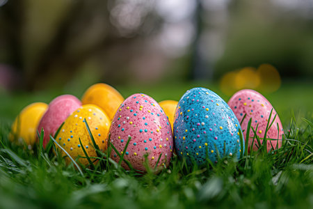 Colorful Easter eggs displayed on green grass