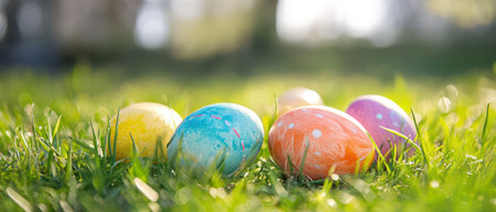 Colorful eggs placed in the grass during spring