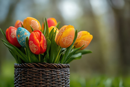 Tulip bouquet with decorative eggsの写真素材