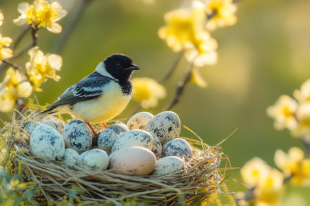 Bird on eggs in a nest of flowersの写真素材