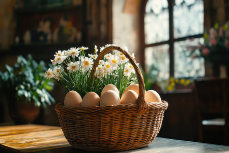 Basket filled with eggs and daisies on a table