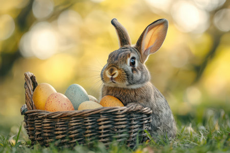 Easter bunny with colorful eggs outside