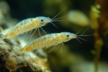 Two transparent shrimp explore their underwater habitat showcasing intricate details and delicate movements in a serene aquatic environment.の写真素材