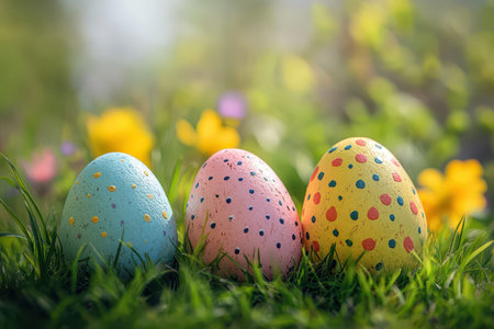 Spring eggs on grassy field