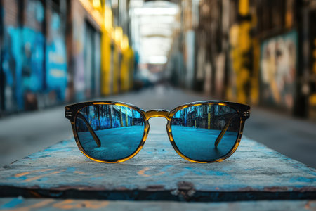 Sunglasses placed on a colorful surface showcase reflections of an artistic alleyway filled with murals and bright colors during the day.の写真素材