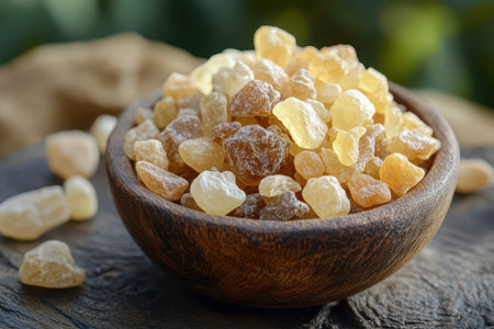 Resin pieces in a wooden bowl on a rustic surfaceの写真素材