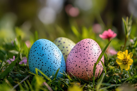 Colorful Easter eggs hidden in blooming grass