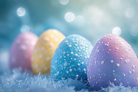 Colorful decorated eggs on soft background