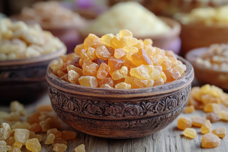 Amber pieces fill ornate bowls surrounded by scattered grains showcasing a variety of textures and colors in a rustic setting.の写真素材
