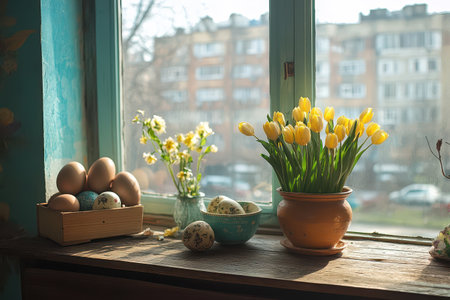 Spring decor with flowers and eggsの写真素材