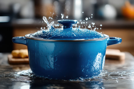 A blue cooking pot sits on a kitchen counter splashing water as steam escapes. The background features a cozy kitchen atmosphere.の写真素材