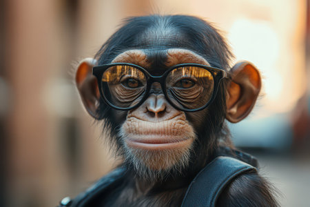 A monkey sporting stylish glasses stands outdoors in a relaxed manner. It seems curious and ready for an adventure in a vibrant urban setting.の写真素材