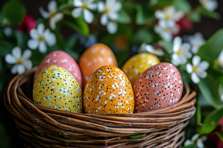 Colorful decorated eggs in a woven basketの写真素材