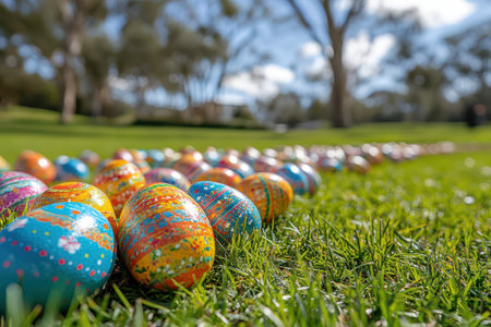 Colorful decorated eggs arranged on green grass