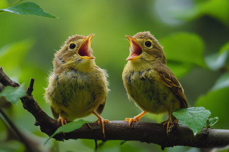 Two young birds with fluffy feathers are sitting on a branch singing loudly amidst lush green leaves...